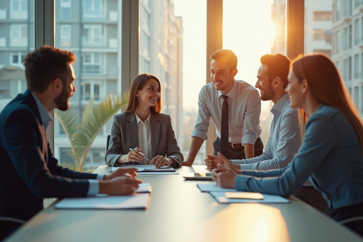 Groupe de professionnels de l'immobilier en réunion d'équipe