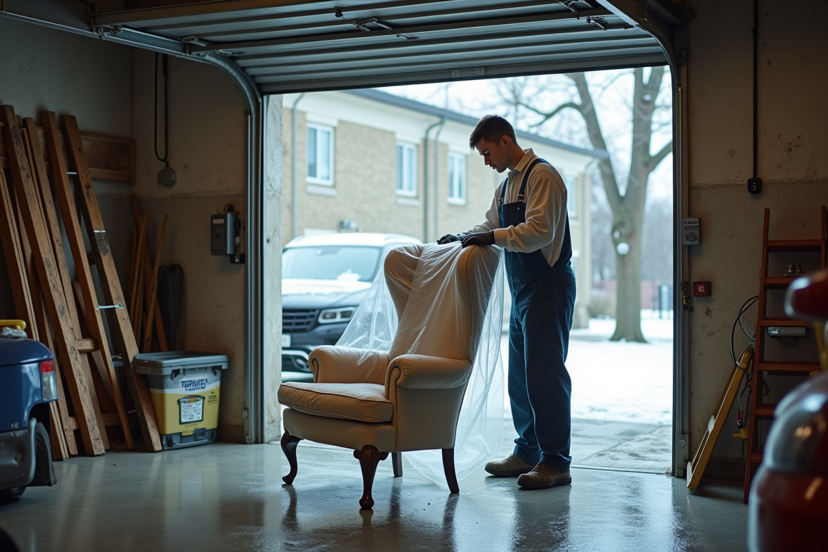Jeune homme posant une protection sur un fauteuil en bois dans un garage