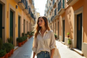 Femme se promenant dans les ruelles du Panier à Marseille, quartier historique aux façades colorées
