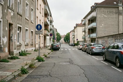 Rue résidentielle dégradée dans un quartier sensible d'Aix-les-Bains avec immeubles anciens et trottoirs fissurés