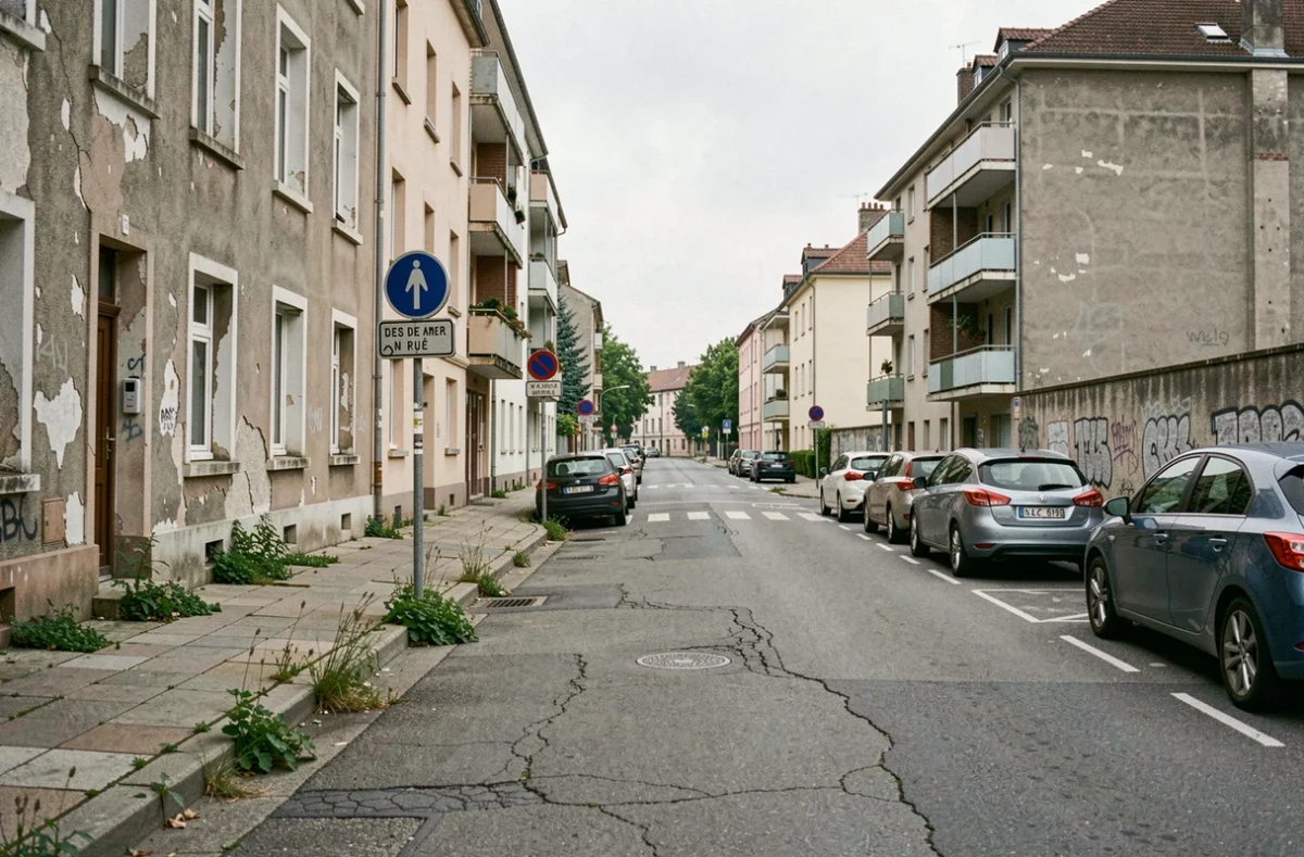 Rue résidentielle dégradée dans un quartier sensible d'Aix-les-Bains avec immeubles anciens et trottoirs fissurés