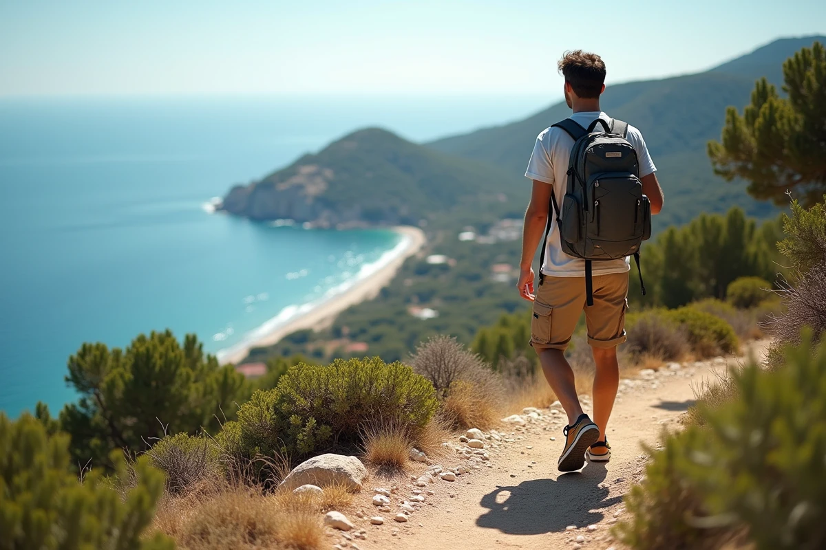 Jeune homme en randonnée regardant la mer Méditerranée