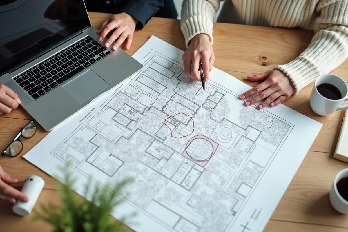 Vue aérienne de mains pointant une parcelle sur un plan cadastral imprimé lors d'une recherche de propriétaire foncier