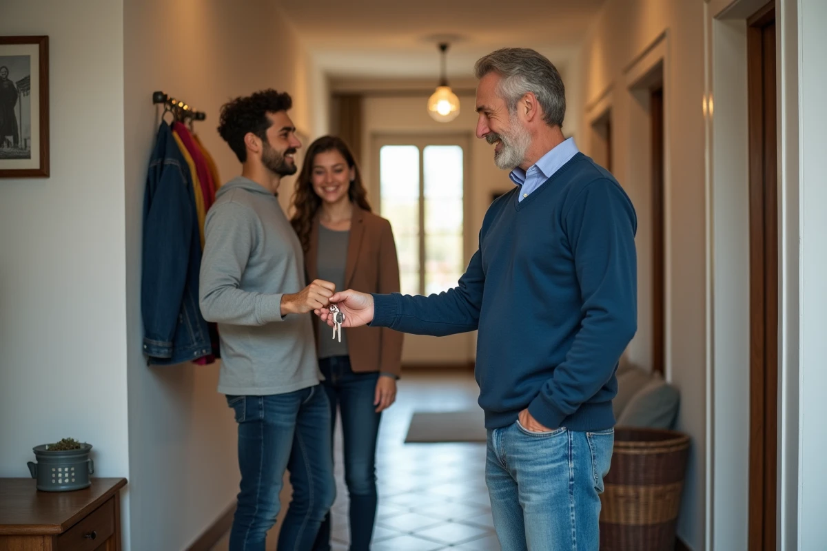 Homme remettant des clés à un couple dans un appartement