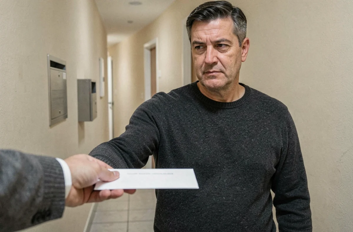 Locataire remettant une enveloppe de préavis à son propriétaire dans le couloir d'un immeuble résidentiel