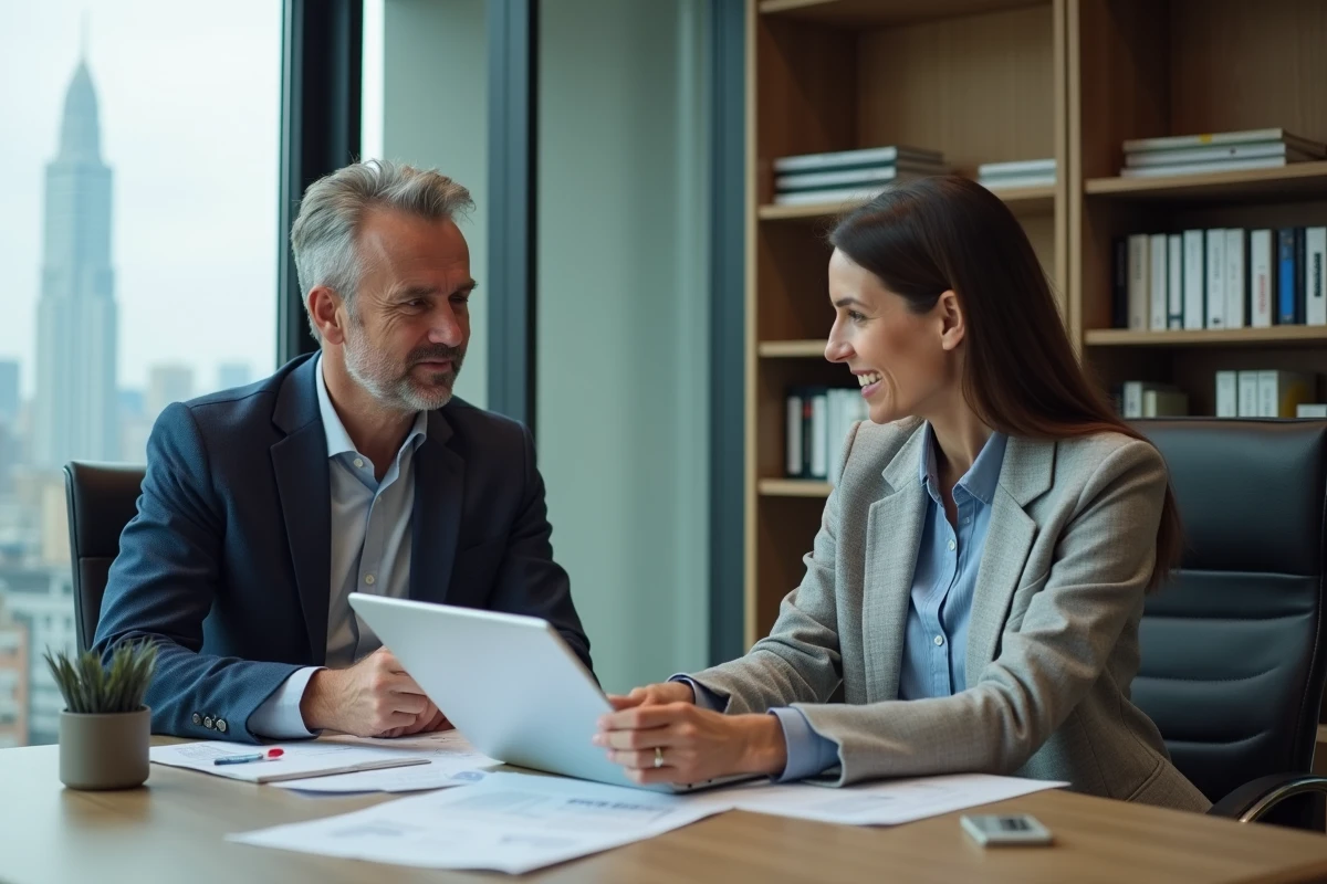 Homme et conseillère discutant de prêts dans un bureau moderne