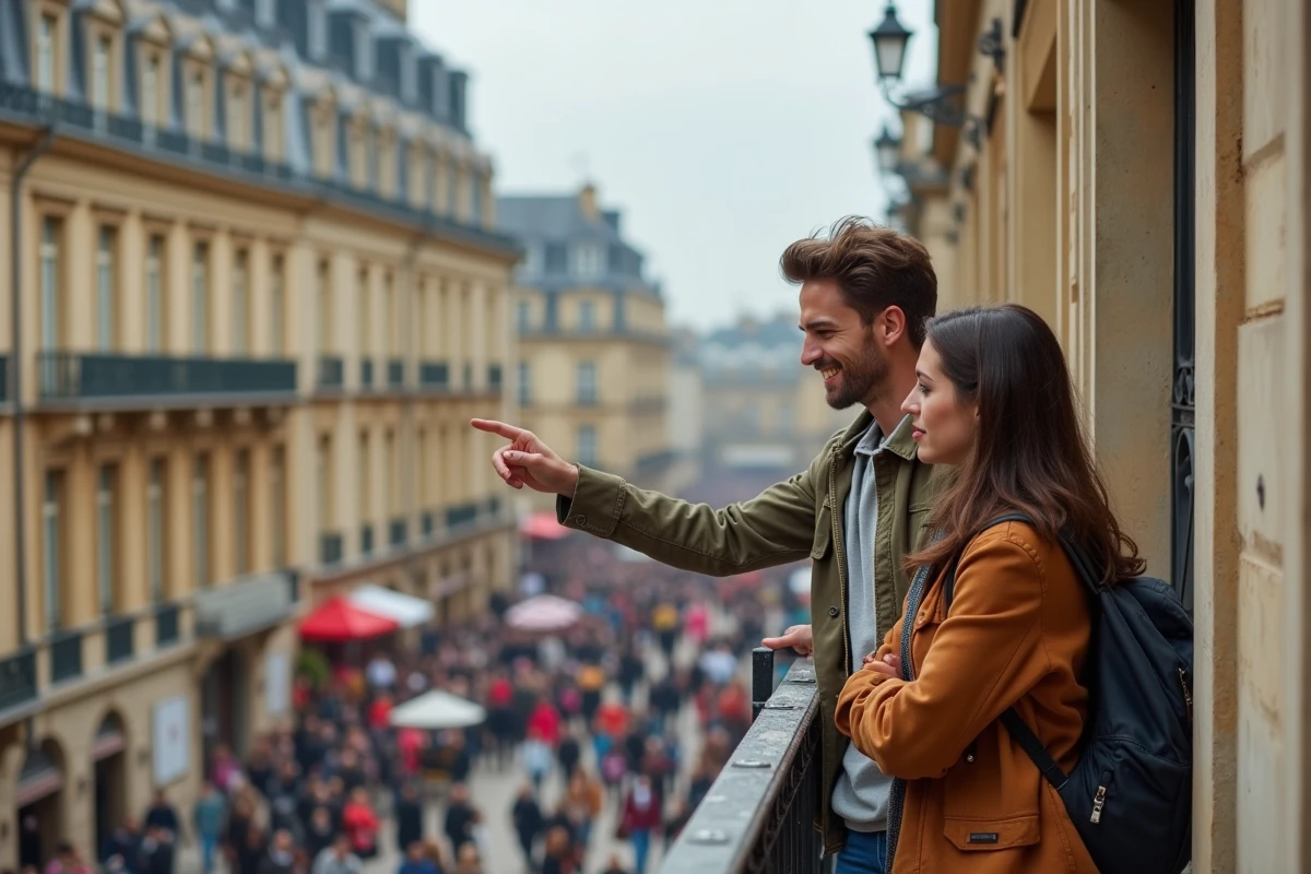 Un couple de résidents versaillais observe depuis leur balcon haussmannien la rue touristique animée en contrebas