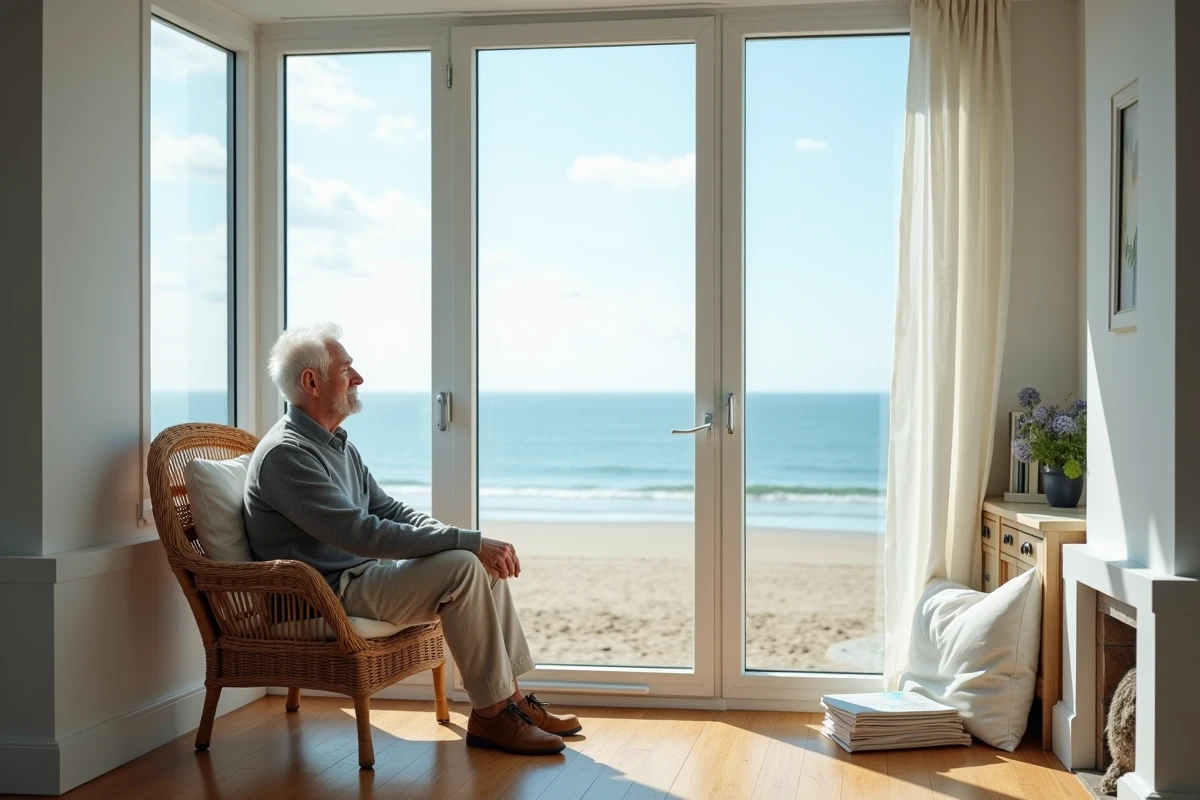 Retraité contemplatif dans le salon d'une maison en bord de mer avec vue panoramique sur la plage