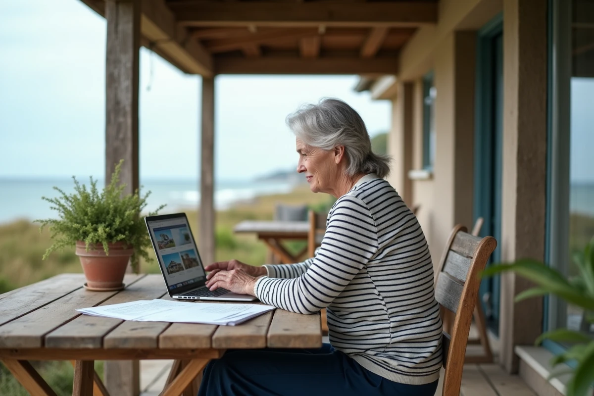Femme retraitée consultant des documents immobiliers sur la terrasse d'un cottage côtier en Bretagne