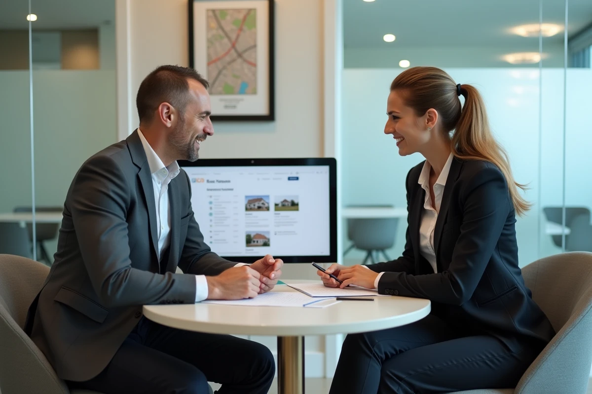 Réunion entre un propriétaire et un conseiller en gestion locative dans une agence immobilière moderne