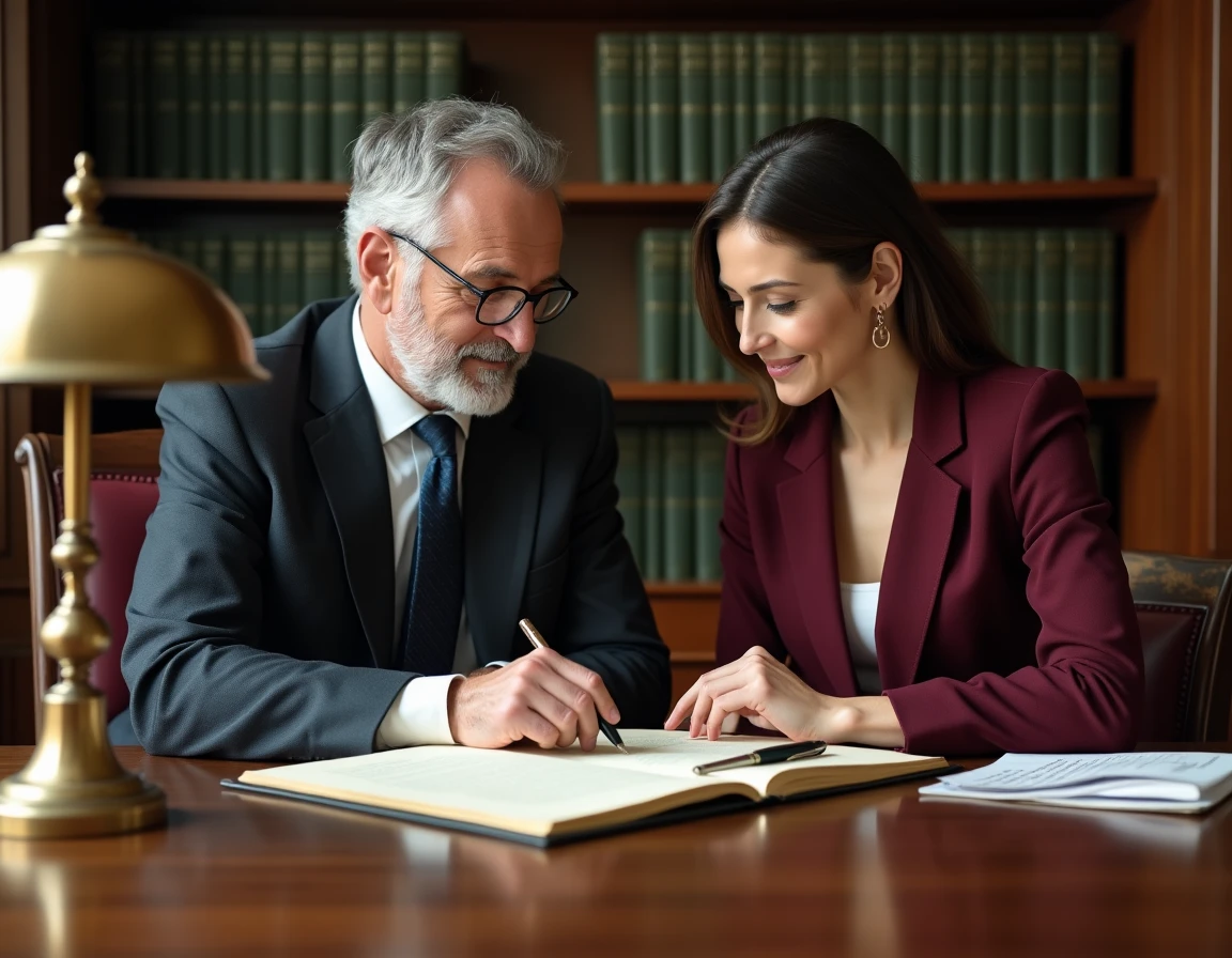 Deux professionnels de l'immobilier étudiant la réglementation TVA applicable aux marchands de biens dans un bureau notarial
