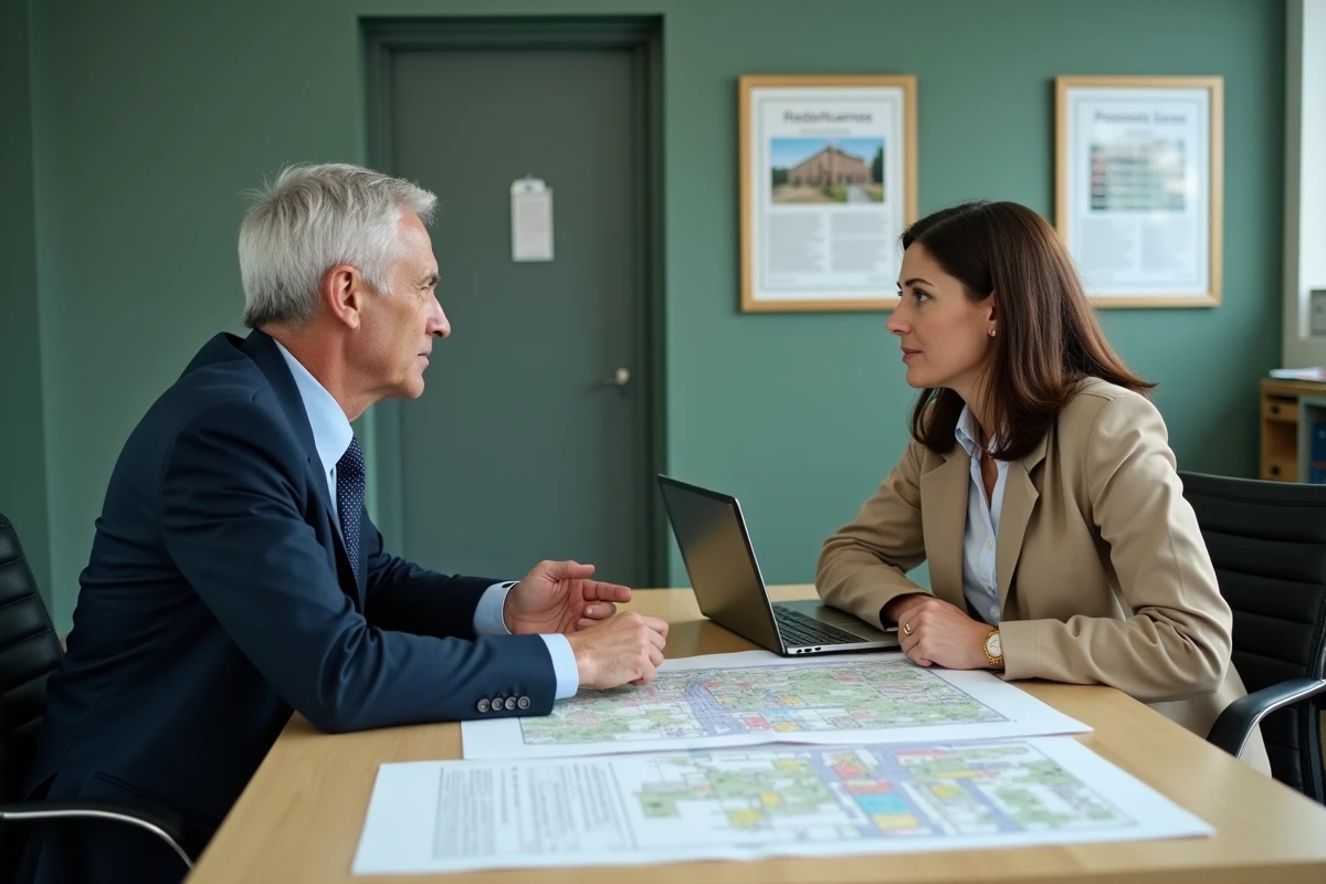 Réunion entre un urbaniste et une promotrice immobilière dans un bureau de mairie autour d'un dossier de certificat d'urbanisme