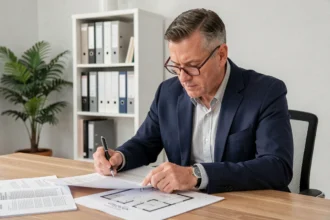 Homme examinant des documents immobiliers Pierre et Vacances pour une revente de bail