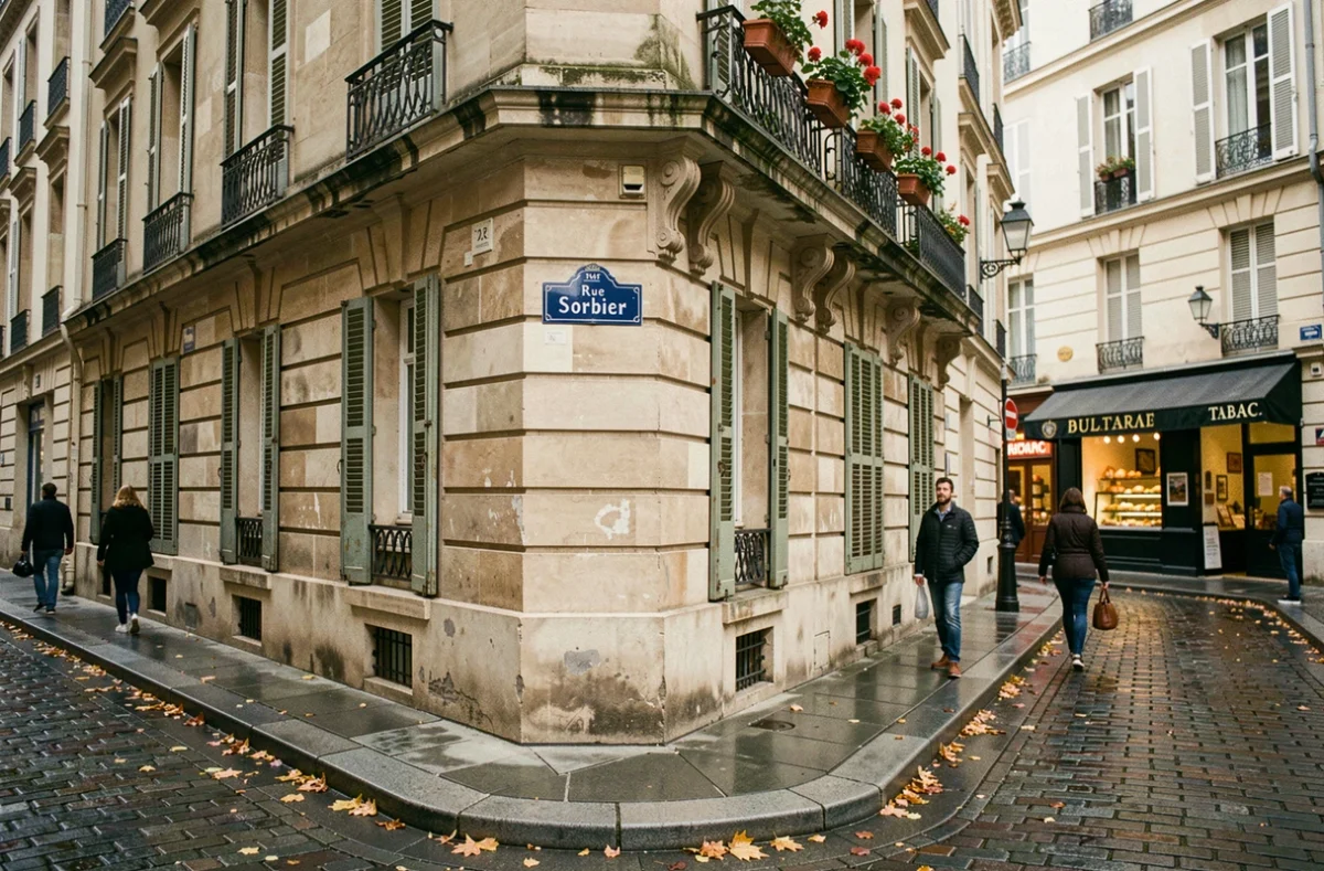 Façade haussmannienne et plaque de la rue Sorbier dans le 20e arrondissement de Paris, ambiance résidentielle authentique