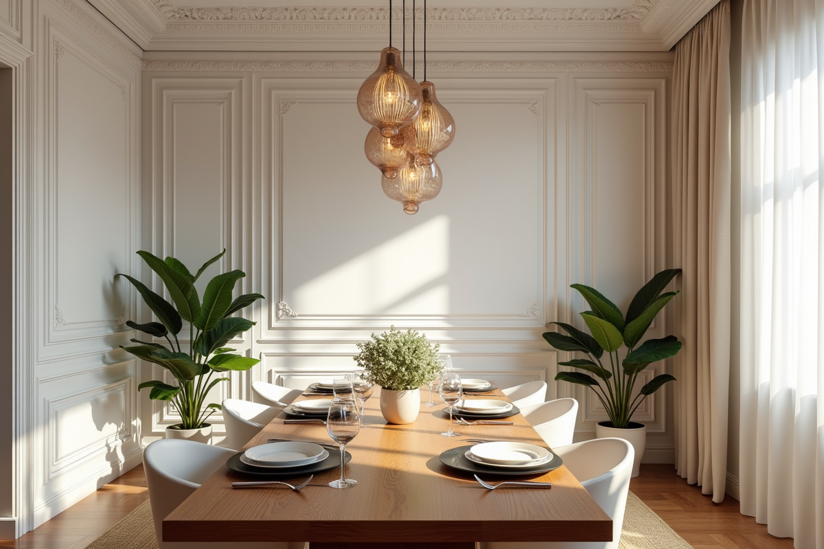 Salle à manger lumineuse avec luminaires design et moulures