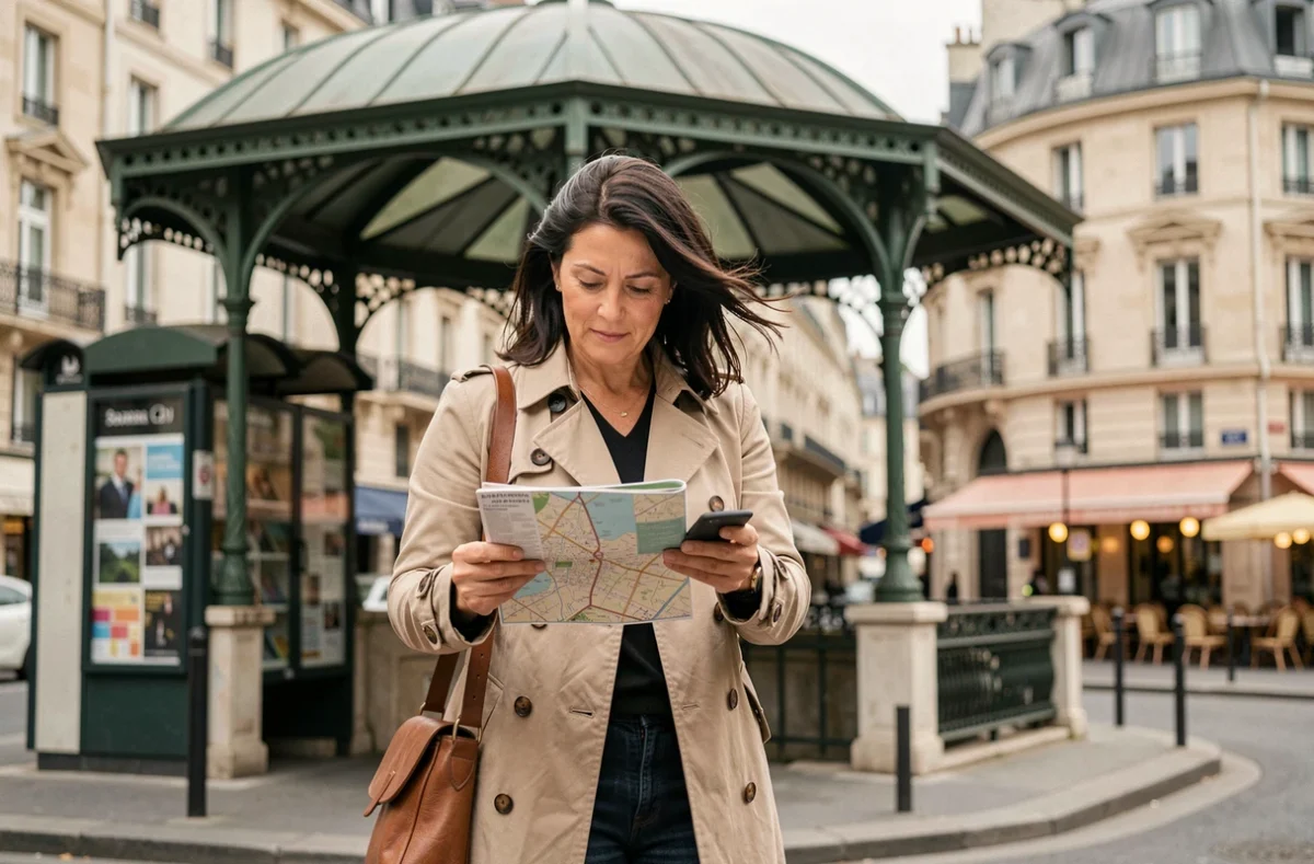 Femme consultant un plan pour se repérer dans les rues du 20e arrondissement de Paris près d'une station de métro