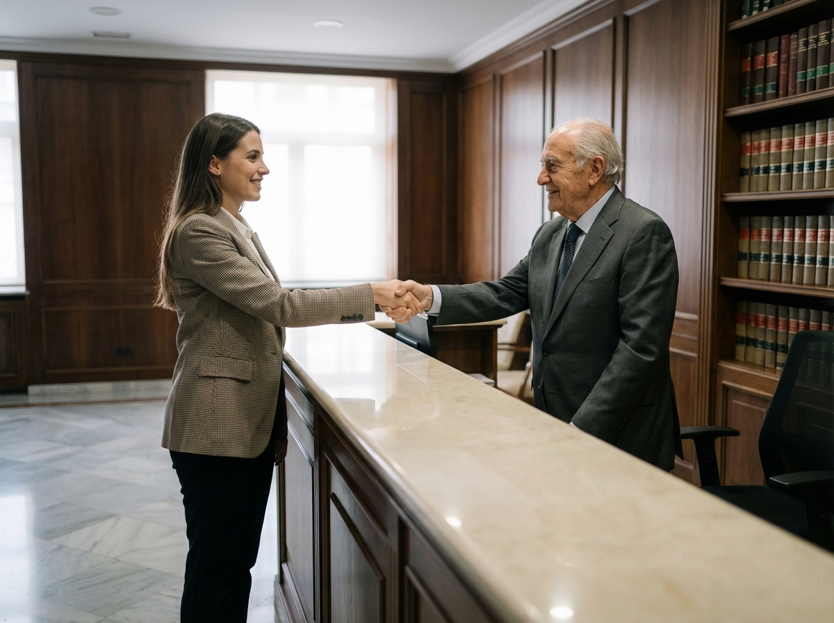 Jeune femme et notaire souriants lors d une poignée de main