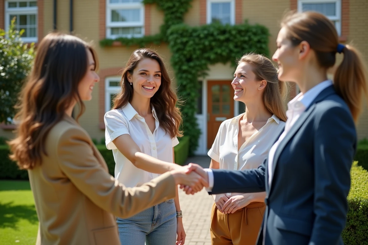 Deux femmes souriantes serrant la main devant une maison