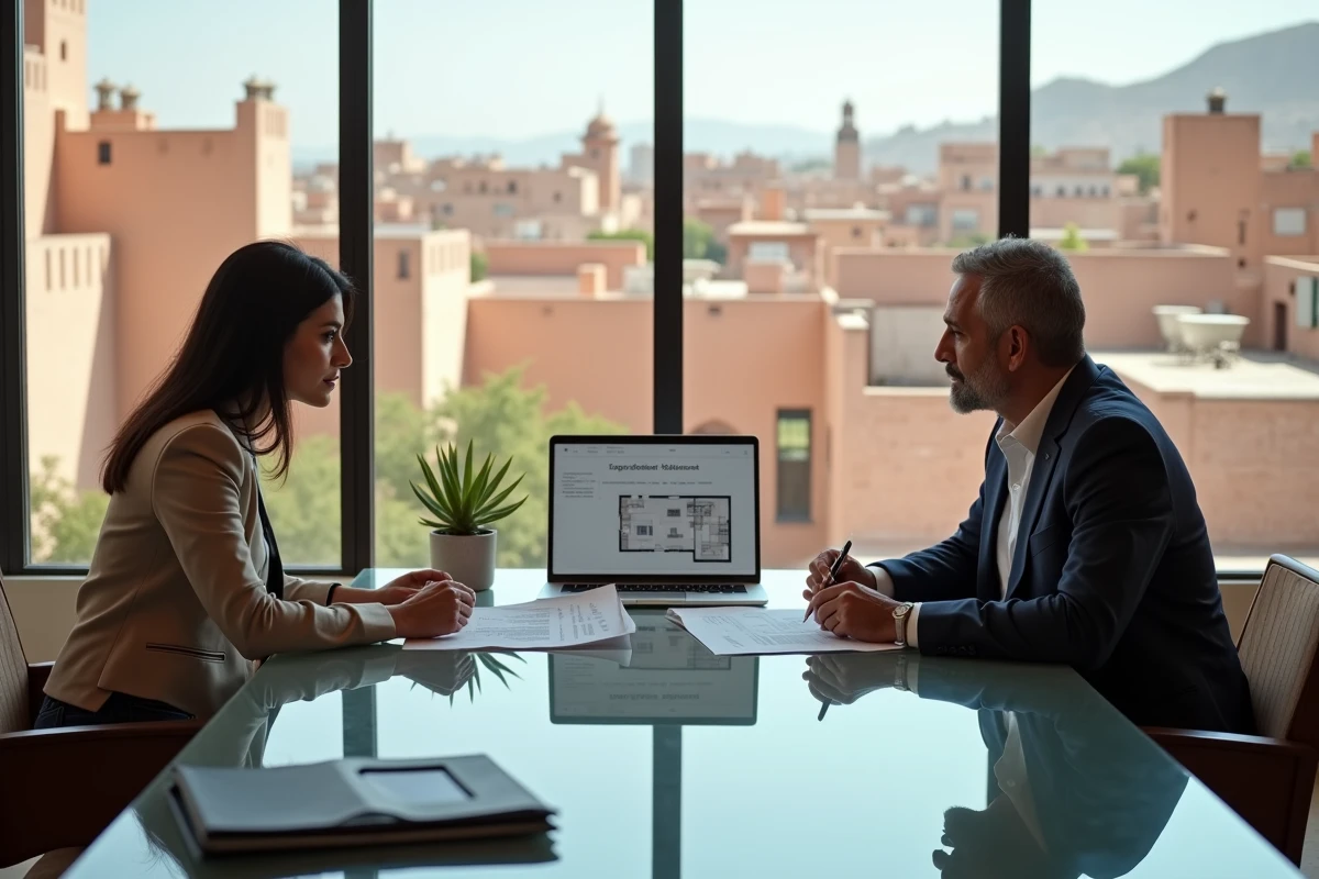 Vendeur et acheteur signant un contrat immobilier dans une agence à Marrakech