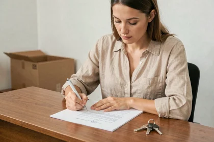 Femme signant une lettre de préavis de logement sur un bureau en bois avec des clés posées à côté