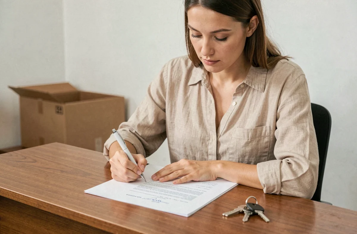 Femme signant une lettre de préavis de logement sur un bureau en bois avec des clés posées à côté