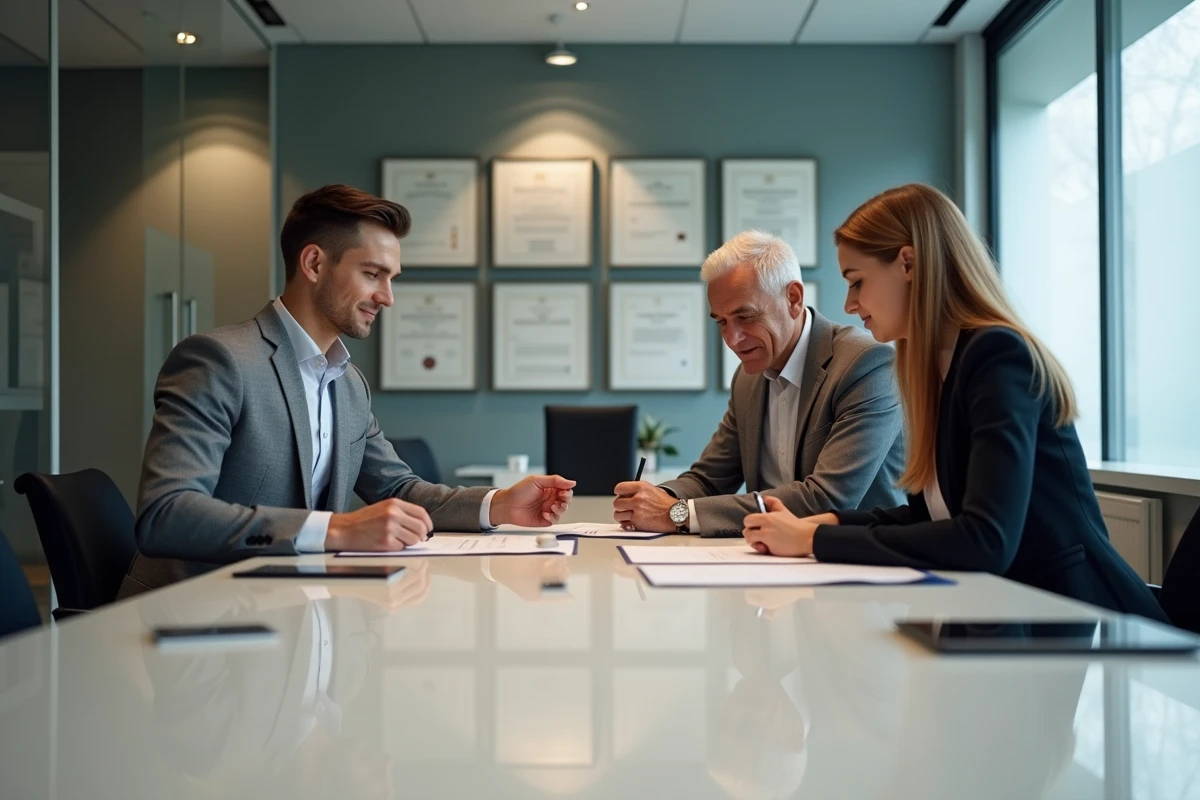 Jeunes siblings signent un document chez le notaire