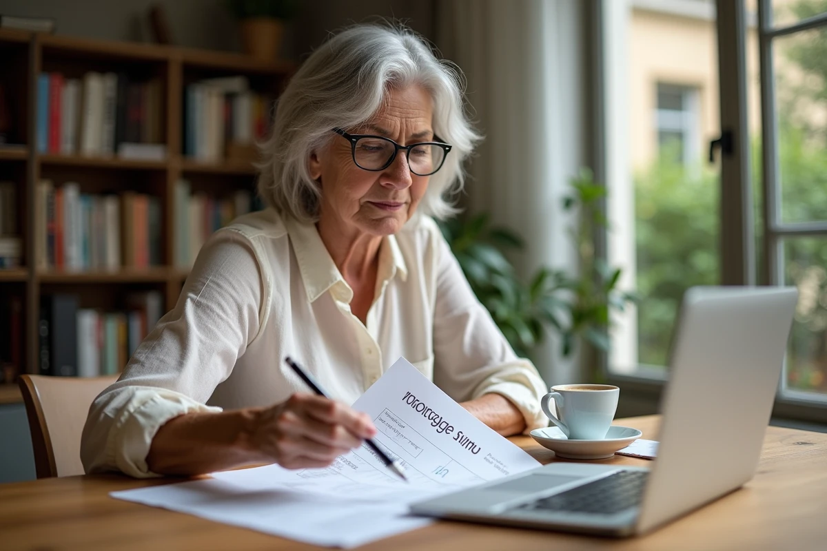 Une femme de plus de 50 ans étudie une simulation de prêt immobilier de 200 000 euros à domicile
