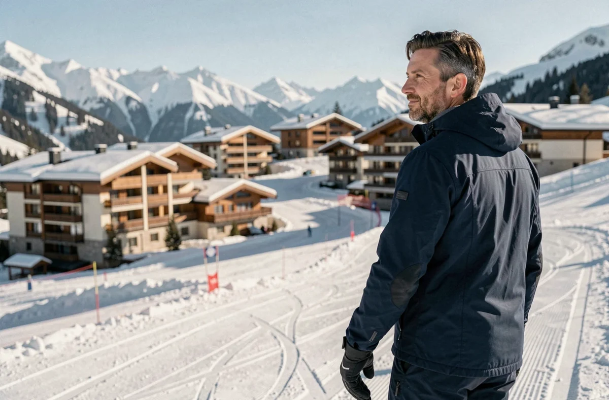 Skieur contemplant les résidences alpines modernes des Menuires depuis les pistes, symbole d'un placement immobilier en montagne