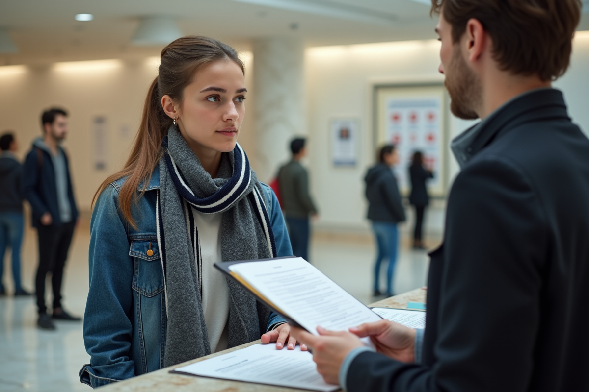 Étudiante présentant un dossier à un agent dans un bureau