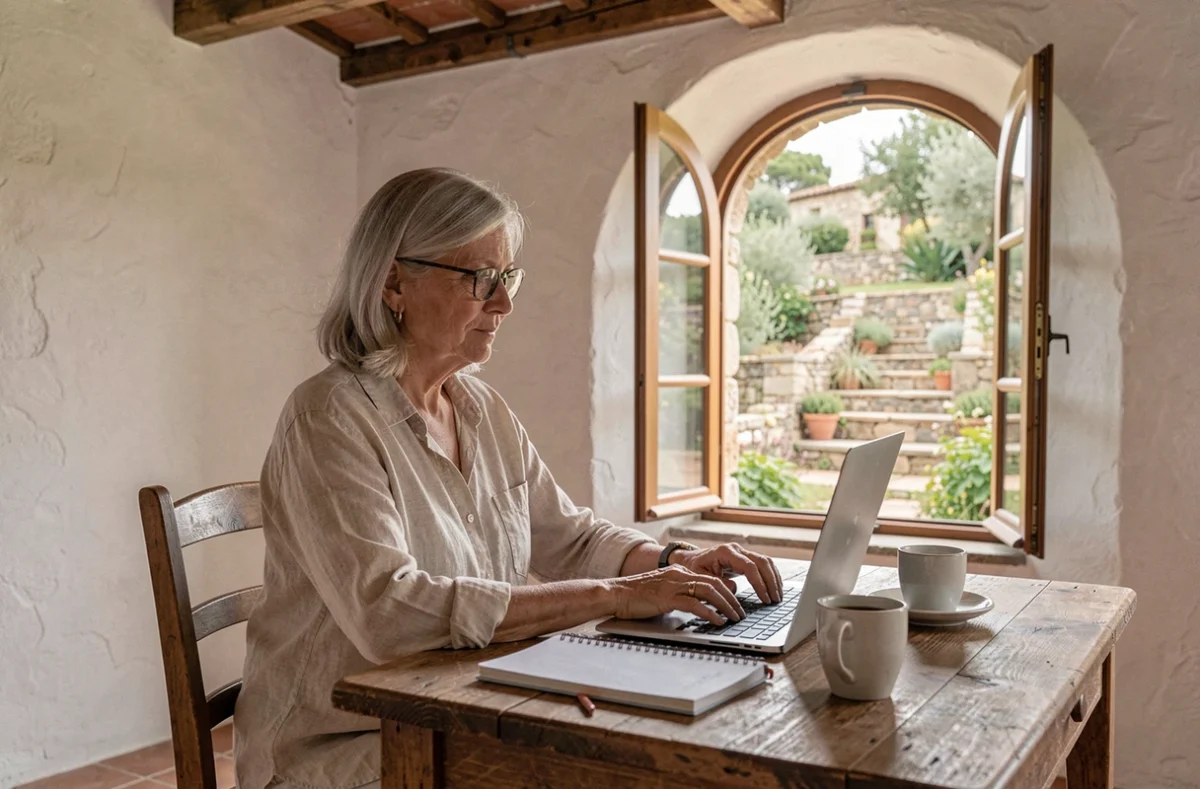 Femme en préretraite en télétravail dans une maison rénovée en Corse du Sud avec vue sur jardin en terrasse