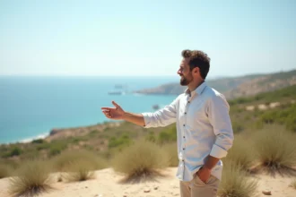 Agent immobilier sur un terrain vide en bord de mer lors d'une visite foncière côtière