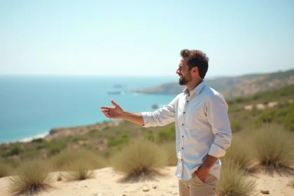 Agent immobilier sur un terrain vide en bord de mer lors d'une visite foncière côtière