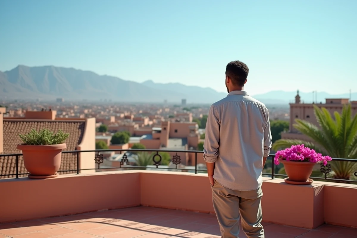 Terrasse d'un immeuble résidentiel à Guéliz Marrakech avec vue panoramique sur la ville pour investissement locatif