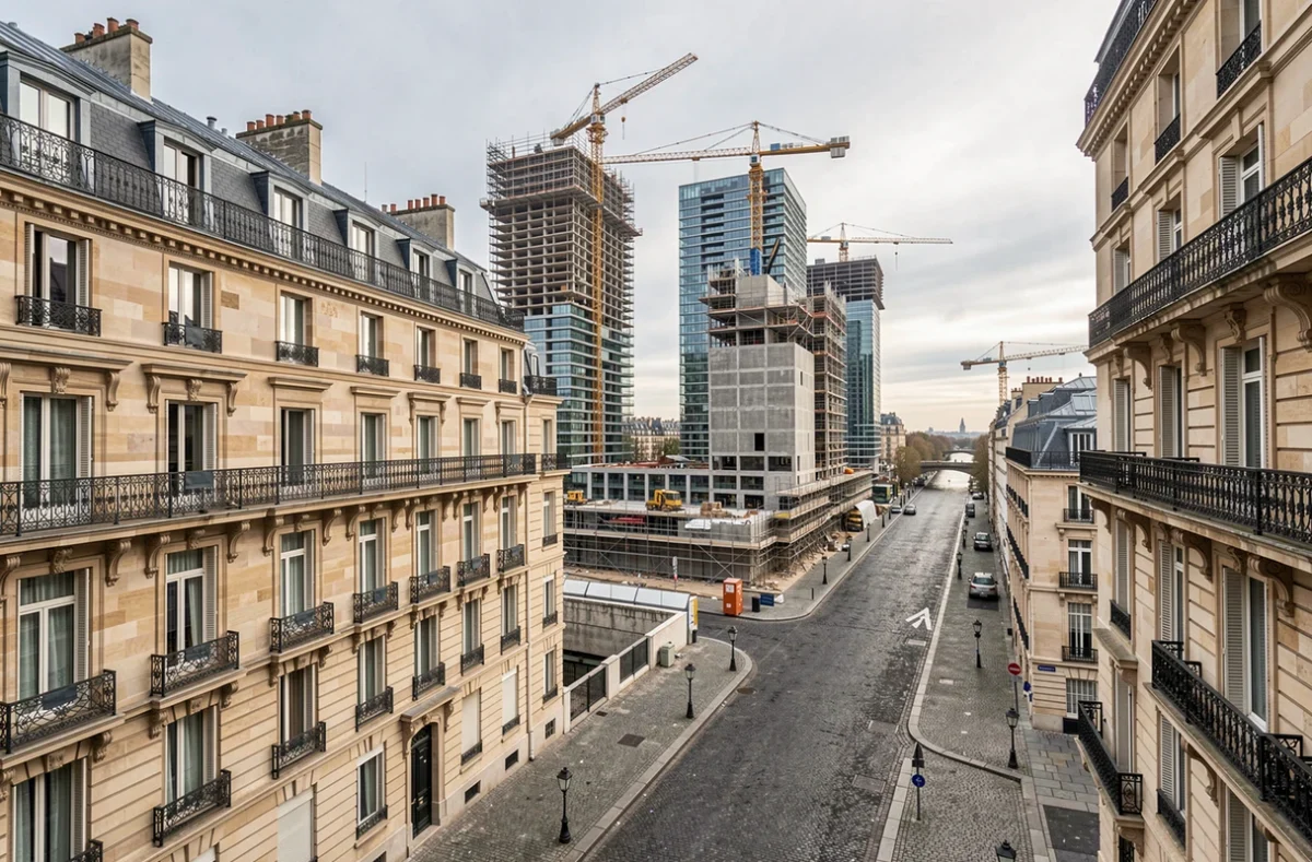 Vue panoramique de Paris illustrant le marché de la promotion immobilière avec immeubles haussmanniens et constructions neuves