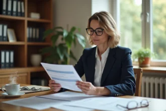 Femme consultant des documents fiscaux liés à une vente immobilière dans un bureau à domicile