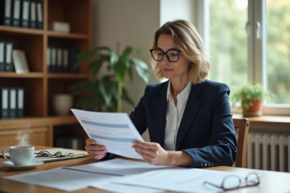 Femme consultant des documents fiscaux liés à une vente immobilière dans un bureau à domicile