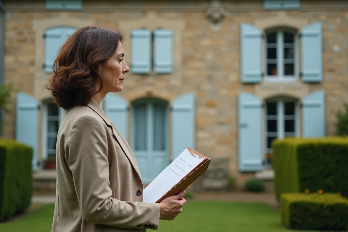 Femme devant une maison en pierre à vendre dans l'Oise après un divorce, tenant des documents immobiliers