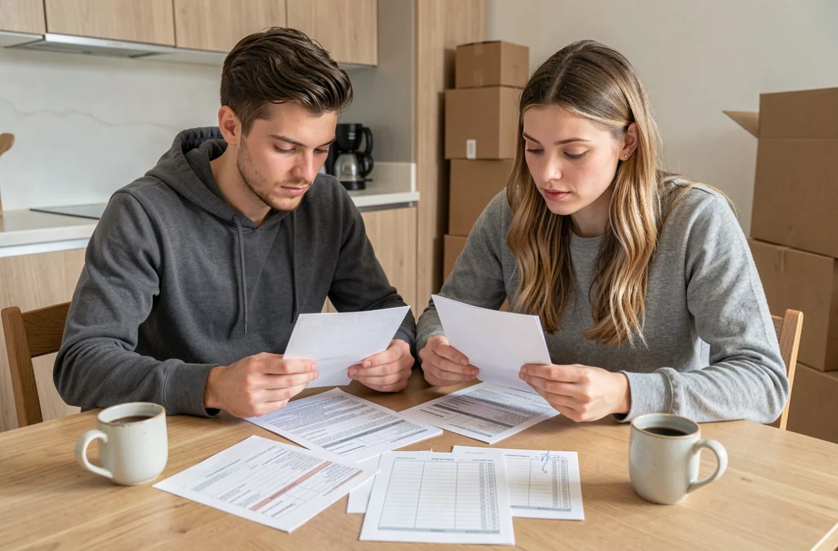 Couple vérifiant des relevés bancaires et une liste pour le remboursement du dépôt de garantie dans une cuisine d'appartement