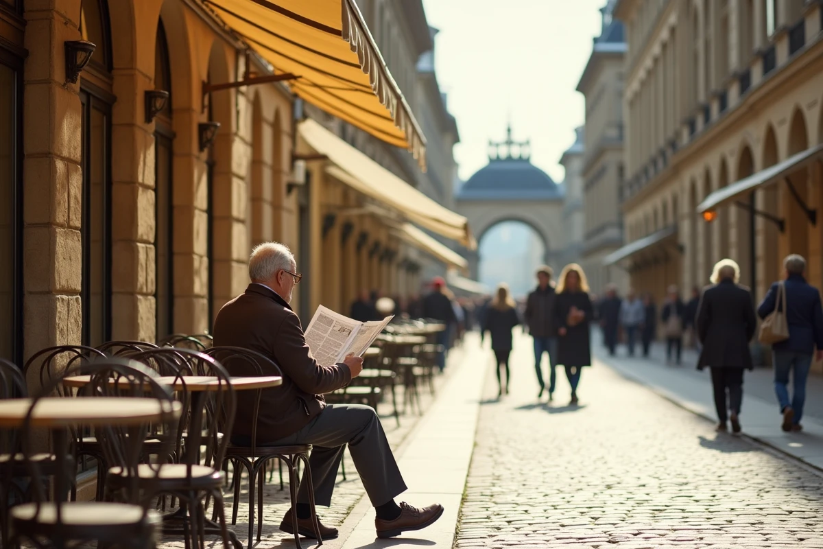 Un retraité lit son journal en terrasse de café à Versailles tandis que des touristes passent en arrière-plan dans une rue pavée