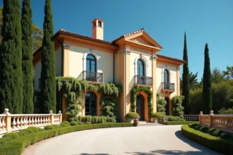 Façade majestueuse de la Villa Leopolda sur la Côte d'Azur avec jardins méditerranéens et architecture Belle Époque