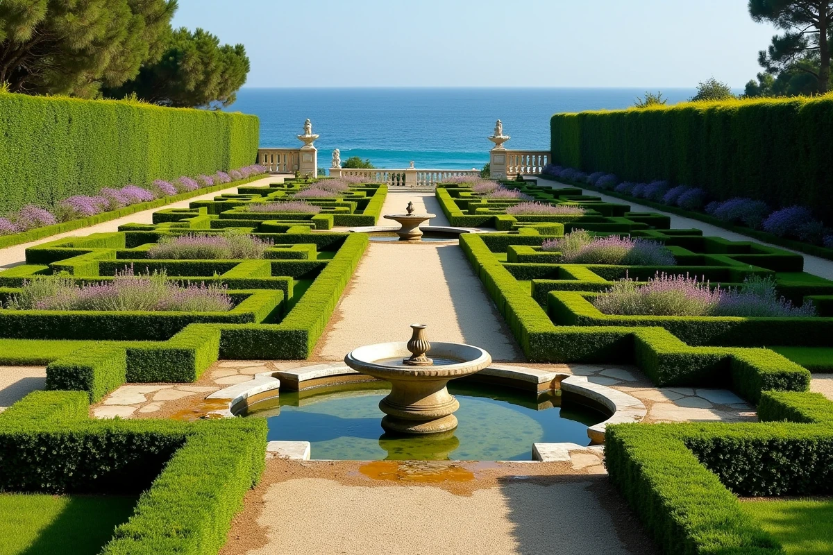 Jardins en terrasses de la Villa Leopolda avec vue panoramique sur la Méditerranée et parterres de roses classiques