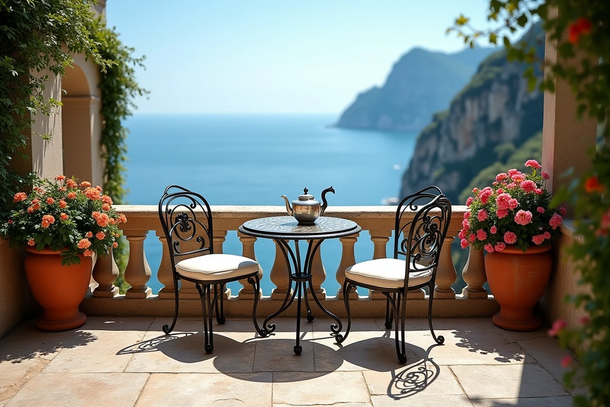 Terrasse en pierre de la Villa Leopolda avec mobilier ancien et vue sur la mer Méditerranée depuis la Côte d'Azur