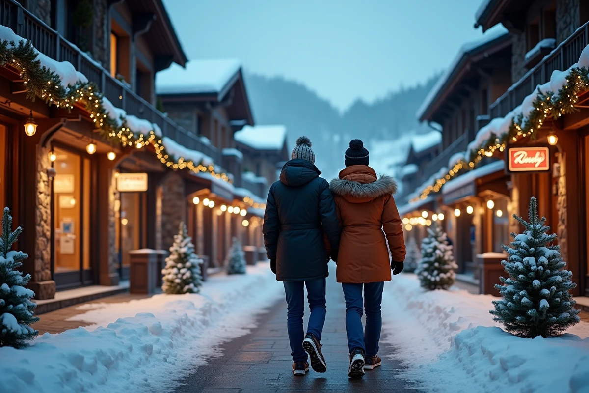 Village des Menuires en station décoré pour les fêtes de fin d'année avec couple en promenade