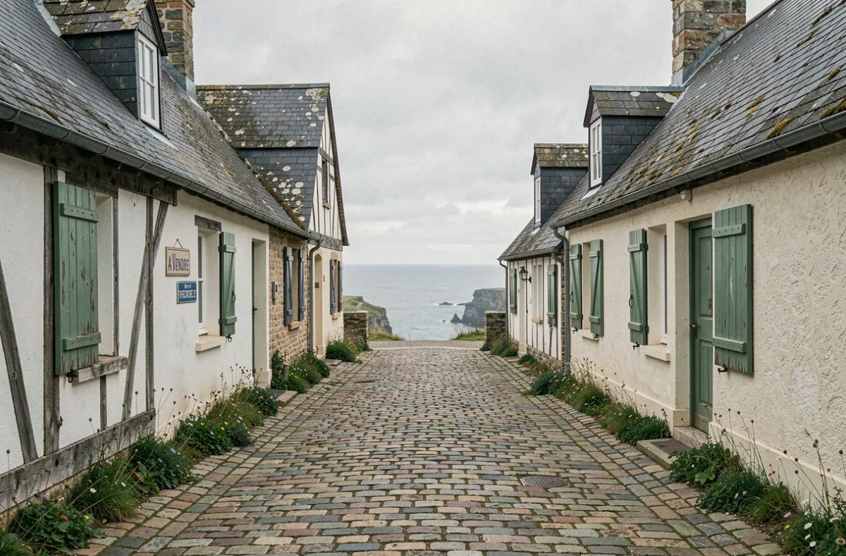 Ruelle pittoresque d'un village normand en bord de mer avec maison à vendre et vue sur les falaises