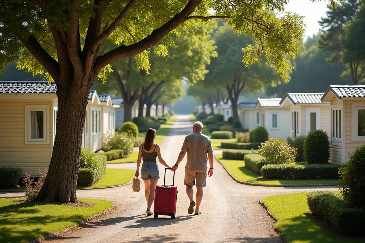 Vue d'ensemble d'un village vacances français avec des mobil-homes saisonniers, idéal pour un investissement LMNP