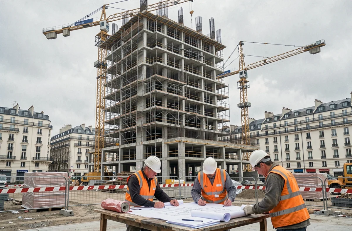 Chantier de grande envergure de Vinci Immobilier avec grues et structure en béton armé en construction à Paris
