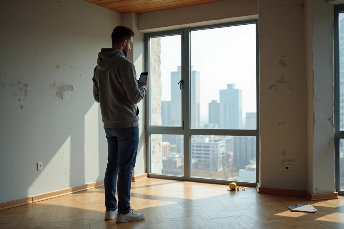 Jeune homme visitant un appartement vide et consultant une application immobilière sur smartphone pour décider entre louer et acheter en 2026