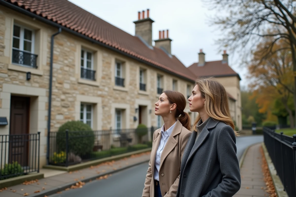 Deux femmes examinant la toiture commune d'une maison mitoyenne lors d'une visite immobilière dans une rue résidentielle française