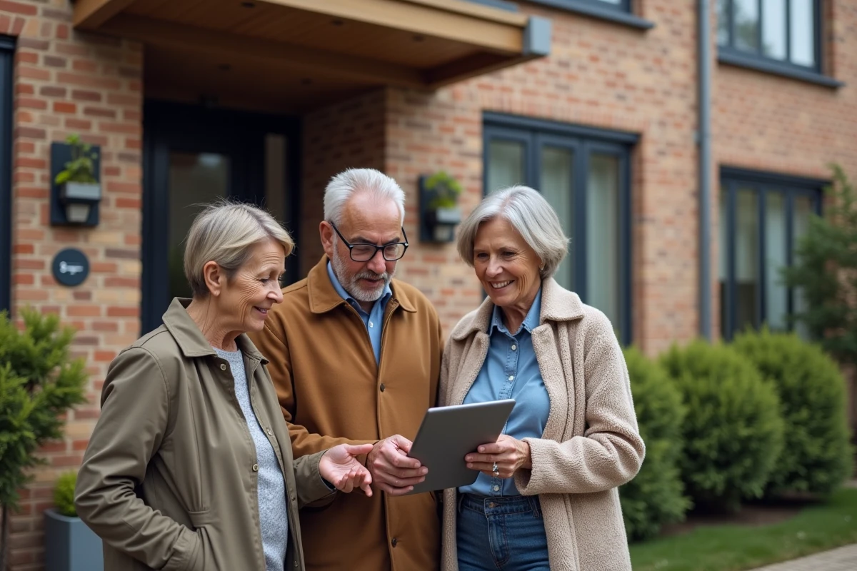 Trois voisins regardant une tablette devant un immeuble résidentiel